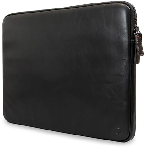 Laptoptasche aus echtem Leder, mit Reißverschluss, mit Innentasche und Wollfutter, kompatibel mit Apple MacBook, HP, Dell, Asus, Levovo, 35,6 cm (14 Zoll), Schwarz