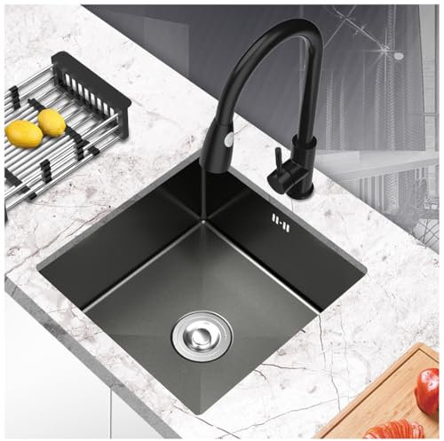 ASKLFNEI Fregadero De Cocina Integrado Negro, Fregadero De Bar De Tazón Único Manual De Acero Inoxidable Instalado En La Parte Superior,práctico De Lavandería para Autocaravanas Pequeñas(42x35cm)