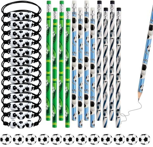 XIAQICA Set di Cancelleria a Tema Calcio 12 Matita da Calcio + 12 Gomme Cancellare Calcio + 12 Bracciale da Calcio Regolabile Gadget Calcio Bambini per Gomme da Cancellare Matite Regalo Festa Bambini