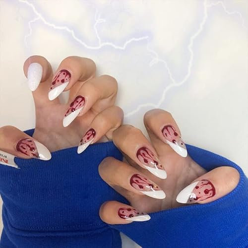 Ceboic 24 Stück Halloween Press on Nails, Lang Mandel Nägel Zum Aufkleben Acrylic Künstliche Nägels, Full Cover Kunstnägel mit Bluttränentropfen Design, Falsche Nägels für Frauen Mädchen DIY Nail Art