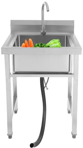 Lavandino in acciaio inox, con rubinetto e scarico, lavabo con altezza regolabile, per esterni, interni, cucina, lavanderia, 60 x 60 x 93 cm