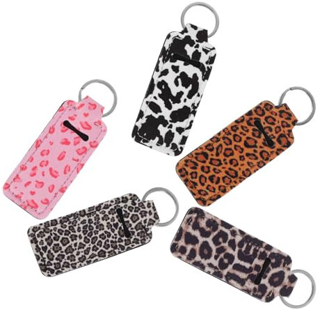 TOGEVAL 5stücke Teiliges Leopard-design Schlüsselanhänger Mit Lippenstifthülle Neopren Leichte Wasserdichte Lippenstift Lippenpflegehalter Kompakt Und Robust Für Damen Reise-accessoire