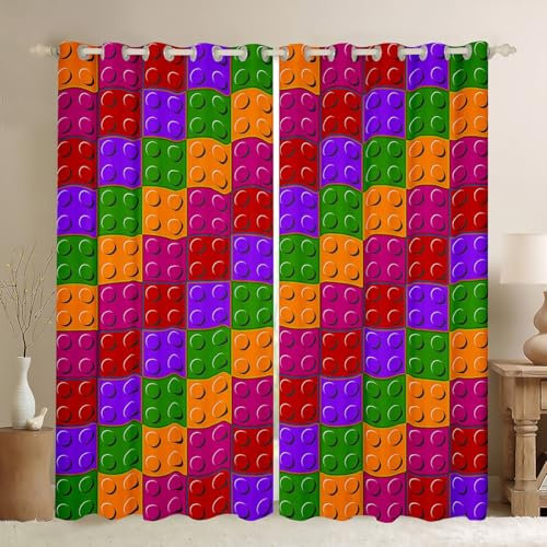 Homemissing Colorful Toy Curtains for Bedroom (2 Panels,W52*L90) Funny Building Blocks 30%-50% Room Darkening Blackout Curtain Brick Darkening Dreapes Insert Rainbow Gradient Window Treatments