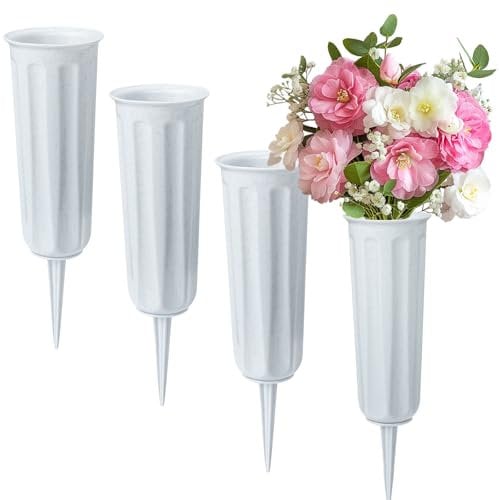 4 pieces Grave Vases with Spikes, Plastic Flower Holder for Cemetery, Flower Vase Grave Decorations for Cemetery Headstone Graveside (Grey)