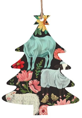 Farm Animal Printed Wooden Christmas Decorations 2 PCS - Christmas Tree-Shape Hanging Ornaments for Holiday Christmas Trees Hanging Party Decorations