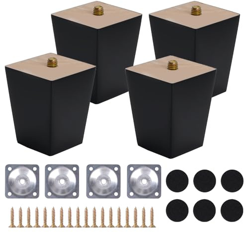 COEWUR 4 Pièces Pieds de Meuble Noir Bois 6cm Pieds de Lit avec Plaque de Montage Vis Patins en Feutre Carré Pieds Meuble Conique pour Canapé Armoire Lit Meuble TV Commode Fauteuil