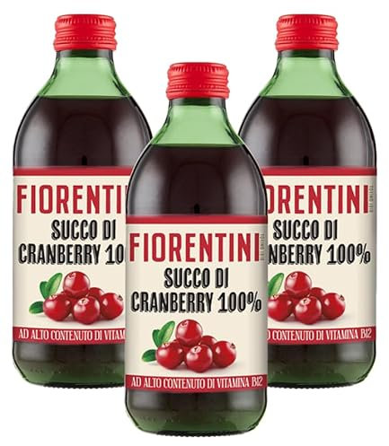3X Fiorentini Succo di Cranberry Mirtillo Rosso Americano 100% Concentrato in Bottiglia 330ml