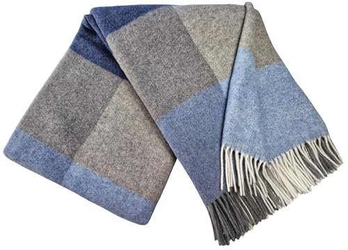 STTS International Kaschmir Decke Wolldecke Wohndecke 100% Merinowolle - Kaschmir - Mix 140 x 200 cm sehr weiches Plaid Kuscheldecke Faro (Blau-Grau-Hellgrau (Quadrate))