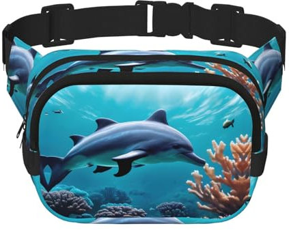 Schöne Unterwasserwelt Delfine, Korallendruck, große Bauchtasche für Damen, niedliche Umhängetasche, modische Bauchtasche, Schwarz, Einheitsgröße