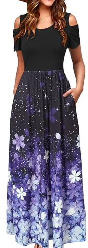 STYLEWORD Lang Sommerkleid Damen Elegant Maxikleid Sommer Freizeitkleid Kurzarm Kleider mit Taschen(Rosa lila Blume,XL)