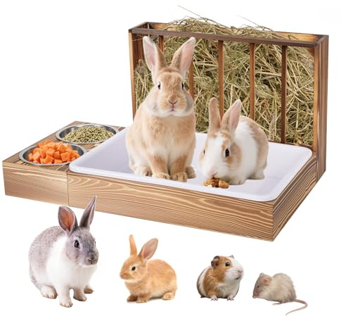 KHEARPSL 3 in 1 Kaninchen-Heu-Futterstation mit Katzentoilette und 2 Schalen, Hasenfutterstation Meerschweinchen, Heuraufe Halter & Katzentoilette für Chinchilla, Hamster, Meerschweinchen, Kaninchen