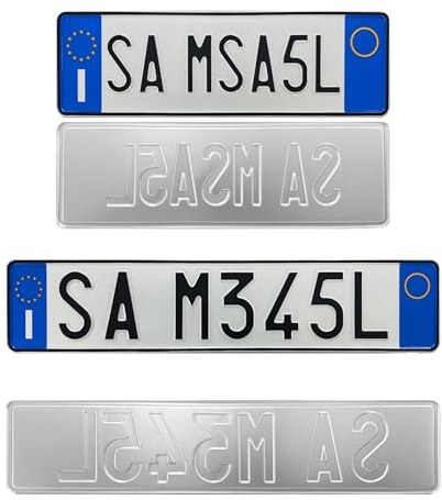 Pack of 2 Custom Reflective Aluminium Plates with Letters and Numbers Engraved in Relief, Front and Rear Model – Italian Made