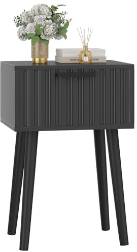 YMYNY Nachttisch, Beistelltisch, Nachtschrank, Magnetschublade mit geriffelten Fronten, Massivholz Beinen, Modern, Couchtisch für Schlafzimmer Wohnzimmer, Schwarz HST014B