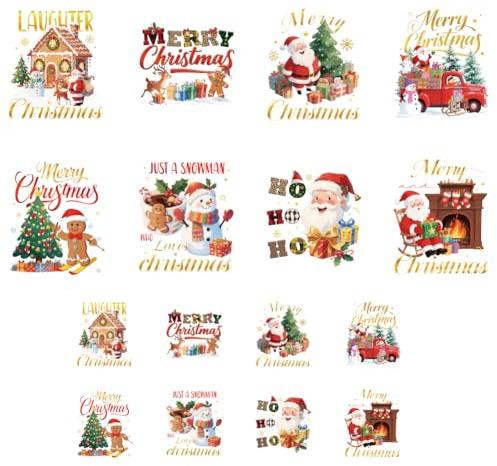 ANATTASOUL 16Pcs Weihnachtsmann & Weihnachtsbaum Bügelbilder Für Textilien | 6.5 x 8 CM/18 x 22 CM Schnell & Einfach Bügelbild DIY Sticker zum Aufbügeln Bügelbilder Erwachsene für Hosen, Hüte, Taschen
