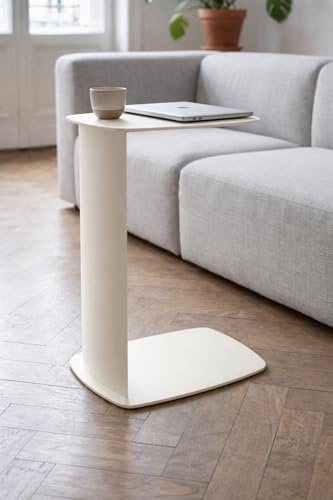 Siqual Design Beistelltisch Metall C-Form, pulverbeschichtet & wetterfest – Sofa Couch Tisch für Wohnzimmer, Balkon & Terrasse – Standby (Cremeweiß)