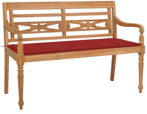 IBUQDDV Batavia Gartenbank mit Rotem Kissen 120 cm Teak Massivholz für Terrasse, Wetterbeständige und Langlebige Holzbank mit Sitzkissen, Bequeme Outdoor Sitzgelegenheit