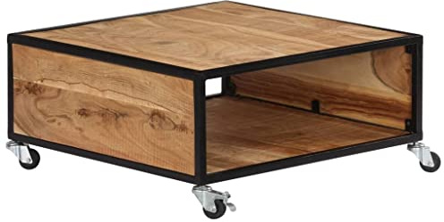 QJBSAVVA Rustic Coffee Table 70 x 70 cm Solid Acacia Wood with Storage Shelf & 4 Casters Low Living Room Side Table for Lounge, Conservatory or Office