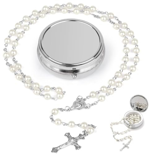 Cossaot Rosenkranz Katholisch, Rosenkranz Kette mit Perlen, Silver Simple Style Metal Gift Box, Cross Necklace Als Geschenk für Frauen & Mädchen, für Zuhause Beten, Kommunio, Taufe