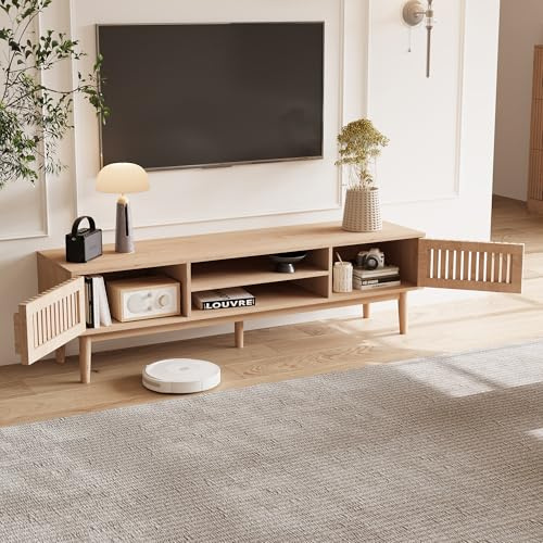 AONYAYBM TV Schrank 150 cm Lowboard Holz Modern, Fernsehtisch mit 2 Türen und Offenen Regalen, TV Board mit Stauraum, TV Sideboard Skandinavisch für Wohnzimmer Schlafzimmer (Holzfarbe)