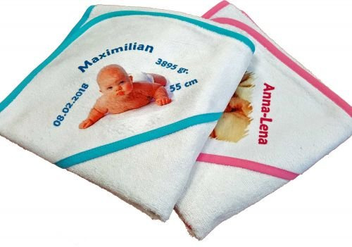 A&R Baby-Kapuzentuch mit Fotodruck Farben A&R Baby white-lightpink, Größe Frottiertuch 75x75cm