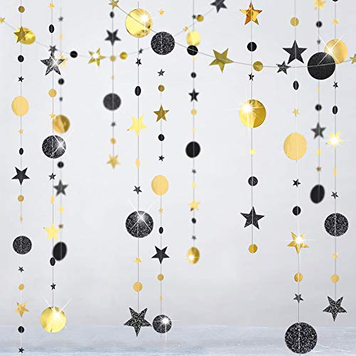 Glitzernde schwarz-goldene Party-Dekorationen, Mond-Stern-Girlande, Ramadan, hängende Sterne, Kreis, Luftschlangen, Banner, Hintergrund für Hochzeit, Geburtstag, Junggesellinnenabschied, Ruhestand,
