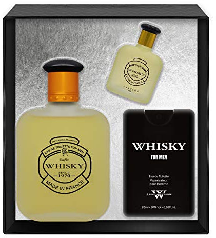 EVAFLORPARIS Whisky for Men Coffret pour Homme Eau de Toilette 100 ml + Miniature 7.5 ml + Parfum de Voyage 20 ml Vaporisateur Spray Parfum Homme 127.5 ml