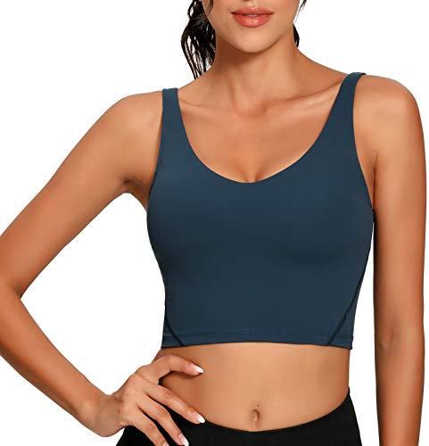 Lemedy Damen Sport-Bustier, langes, bauchfreies Tank-Top, gepolstert, Workout, Laufen, Yoga - - X-Large