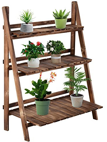 Outsunny Portapiante Pieghevole Portavasi in Legno di Abete con 3 Livelli Scaffale da Esterno per Piante Portafiori 80x37x93cm