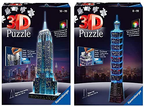 Ravensburger 3D Puzzle Empire State Building bei Nacht, für Kinder und Erwachsene, Wahrzeichen von New York im Miniatur-Format, Leuchtet im Dunkeln & 3D Puzzle 11149 - Taipei 101 bei Nacht -234 Teile