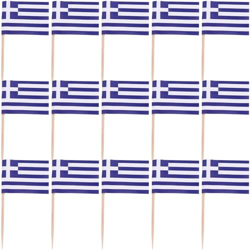 PRETYZOOM 100pcs Greece Flag Greek Cupcake Toppers Picks Greece Flag Greek Toothpick Flags Wooden Mini Stick Toothpick Flags Cocktail Picks Desert Fruit Picks