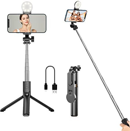 GRIFEMA GB1003-1 Selfie-Stick mit Fülllicht Abnehmbarer kabelloser Bluetooth-Ständer Selfie-Stick, Schwarz, Kunststoff, für iPhone, Samsung Galaxy, Huawei und mehr