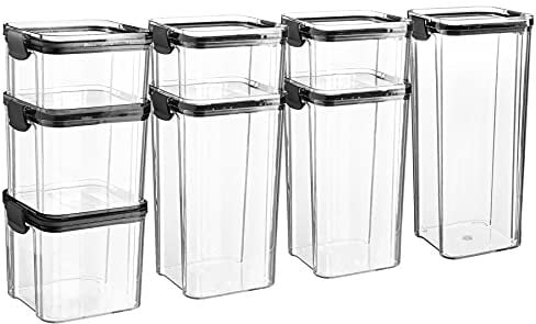Argon Tableware 8 Piece Food Storage Containers Set with Labels - Plastic Kitchen Pantry Organiser Jars - Clip Lid - 4 Sizes - Black
