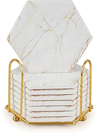 Geichan Marble Coasters with Holder,White and Gold Coasters set of 8 Absorbent for Cups,Tables & Home Decor,Ceramic Coasters for Birthday Housewarming Kitchen Bar