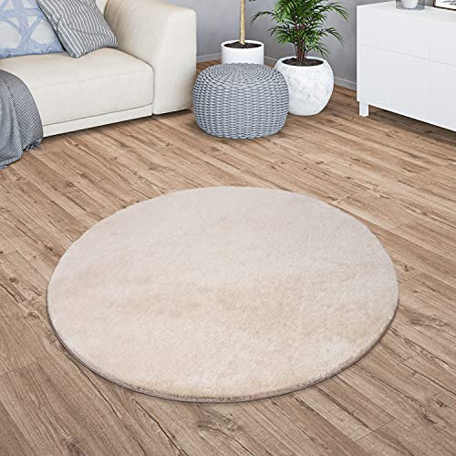TT Home Teppich Wohnzimmer Kurzflor Anti-Rutsch Rückseite Einfarbiges Design Waschbar, Farbe: Beige, Größe:200 cm Rund