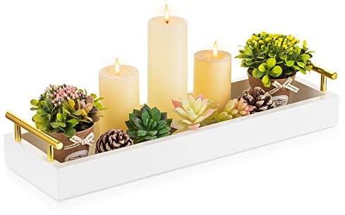 Hanobe Rectangle Long Narrow Tray: Decorative Trays Rectangular Candle Holder for Home Decor White Centerpiece Tray Decor Serving Trays with Gold Handles for Dining Table Coffee Bar Living Room