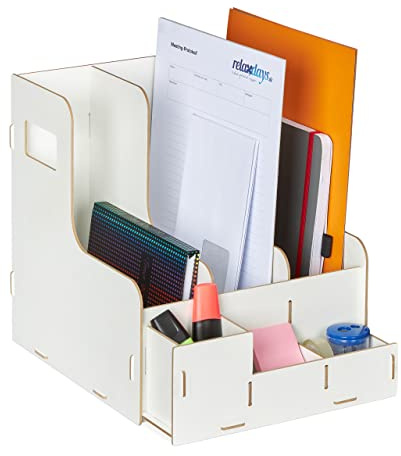 Relaxdays Stehsammler, 3 Schuber, DIN A4, mit Schreibtisch Organizer, weiß | Büro & Schule, Zeitschriftensammler, MDF