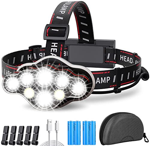MLIAIMCE Stirnlampe, Superheller Stirnlampe LED Wiederaufladbar 18000 Lumen 8 LED 8 Modi Mit Rotlicht Warnlicht Kopflampe,IPX4 Wasserdicht,Perfekt Für Camping,Fischen,Outdoor,Joggen,Arbeit,Wandern