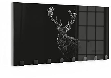 DEQORI Wandgarderobe Glas & Metall | Motiv Digitalisierter Hirsch | 60x30 cm | Design Haken-Leiste modern | Garderoben-Paneel für Flur, Wohnzimmer & Schlafzimmer | magnetisch & beschreibbar
