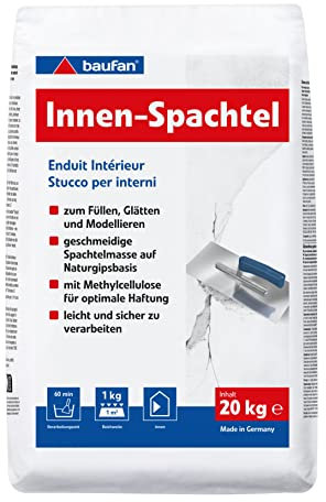 Baufan Innen-Spachtel Weiß 20kg I Zum Füllen, Glätten & Modellieren I Schnell härtende Spachtelmasse für innen & außen I Ausbessern von Rissen & Löchern