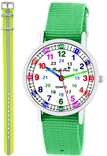 Pacific Time Kinderuhr Lernuhr Mädchen Jungen Einschulung Geschenk-Set | 2 Armbänder, 12/24-h-Lernzifferblatt und 5 ATM wasserdicht. Geschenk zur Einschulung, Geburtstag oder Weihnachten.