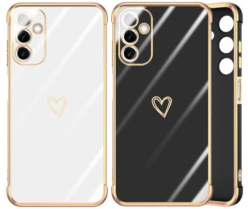 DSOIYIC 2 Stück Handyhülle für Samsung Galaxy A14 4G / A14 5G Hülle mit Herz, Cute Mädchen Liebe Muster Galvanisierte Schutzhülle Weich TPU Stoßfest Case mit Kameraschutz 4G/5G, Schwarz & Weiß