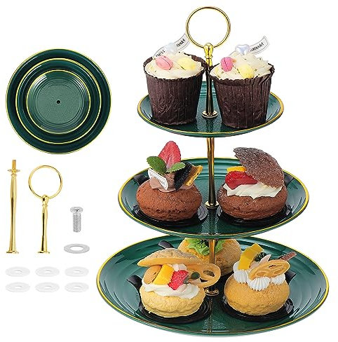 Mynoozi 2 Pack 3-Tier Cake Stand Cupcake Holder, Reusable Cupcake Dessert Stand, Cakes Fruit Cookie Candy Display Tower, Pastry Tiered Serving Tray for Birthday, Wedding, Party (Dark Green)