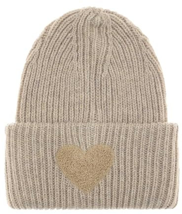 Zwillingsherz Slouch-Beanie-Mütze aus Wolle - Hochwertige Strickmütze mit flauschigem Herz für Damen - Hat - OneSize - warm und weich für Frühling Herbst und Winter