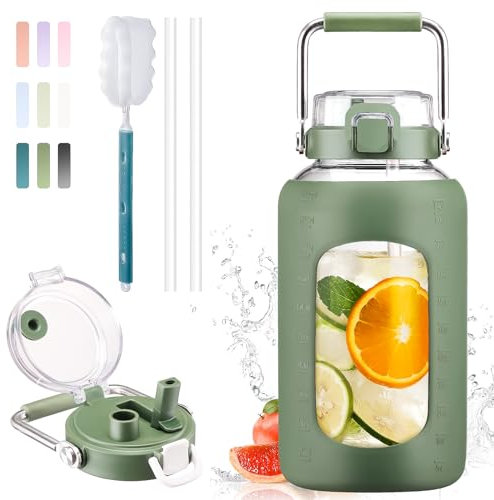 BLUEGO 2500ml Bouteille d'eau en verre avec poignée en acier inoxydable 2,5L Grande Gourd avec marqueurs de temps et manchon en silicone Carafe à eau Sans BPA pour sport, Olive
