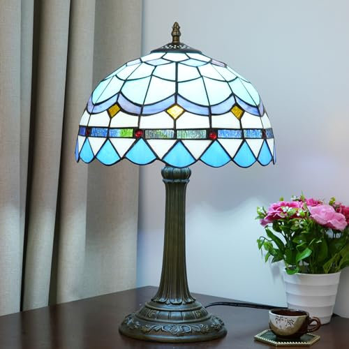 AIBOTY Mediterrane Tiffany-Buntglas-Tischlampe, Vintage-Nachttischlampe Antikes Lesetischlicht Für Desktop Schlafzimmer Wohnzimmer Büro Arbeitszimmer Art-Deco W12 XH19,Lila