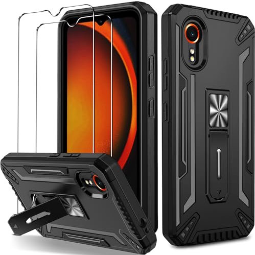 iVoler Cover con Cavalletto per Samsung Galaxy Xcover 7 con 2 Pezzi Vetro Temperato, [Protezione Antiurto di Grado Militare] Custodia, Rigida PC Antigraffio Anti-Impronte Protettiva Case, Nero