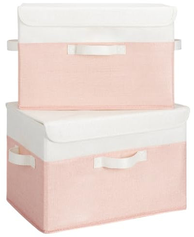 GRANNY SAYS Aufbewahrungsbox Stoff mit Deckel, 2 Stück Kisten Aufbewahrung mit Deckel, Faltbare Ordnungsboxen, Aufbewahrungskörbe für Kleidung, weiß-rosa Faltboxen mit Deckel für Kleiderschrank