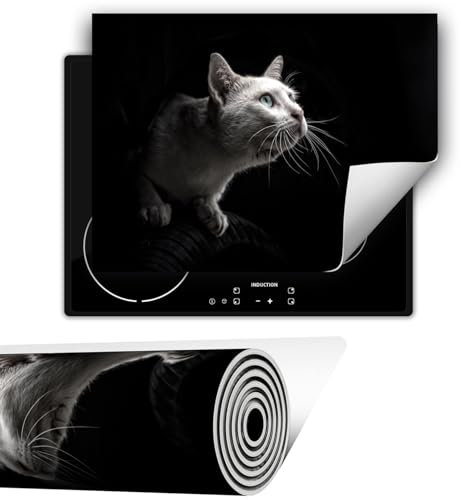 TMK ArtDeko Herdabdeckplatte 1 teilig 80x52 cm Küche Herdabdeckung Ceranfeld Herdabdeckplatten Anti Rutsch Matte Aufrollbar, Schwarz Katze