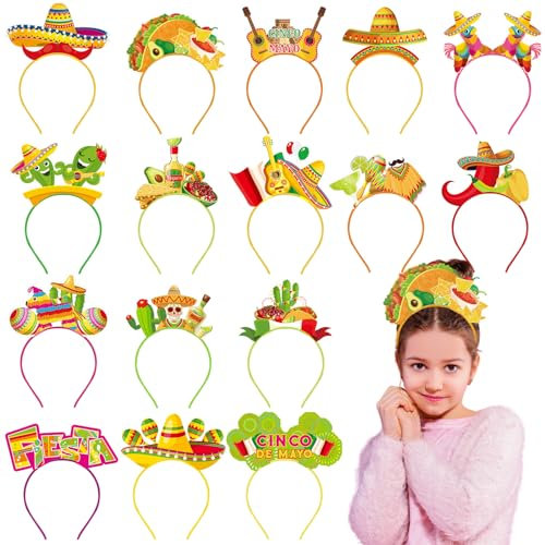 Herdear 16 Mexikanische Fiesta Stirnbänder Cinco de Mayo Haarreife aus Filz Taco Kaktus Pinata Gitarre Kopfschmuck für Mexikanische Party Gastgeschenke Kostüm Zubehör für Foto Requisiten