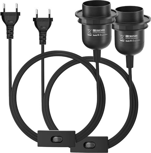 2xE27 Lampenfassung mit Kabel, Lampenfassung mit Schalter mit EU Stecker, E27 Fassung mit Kabel für Lampenaufhängung Pendelleuchte Hängeleuchte Schwarz